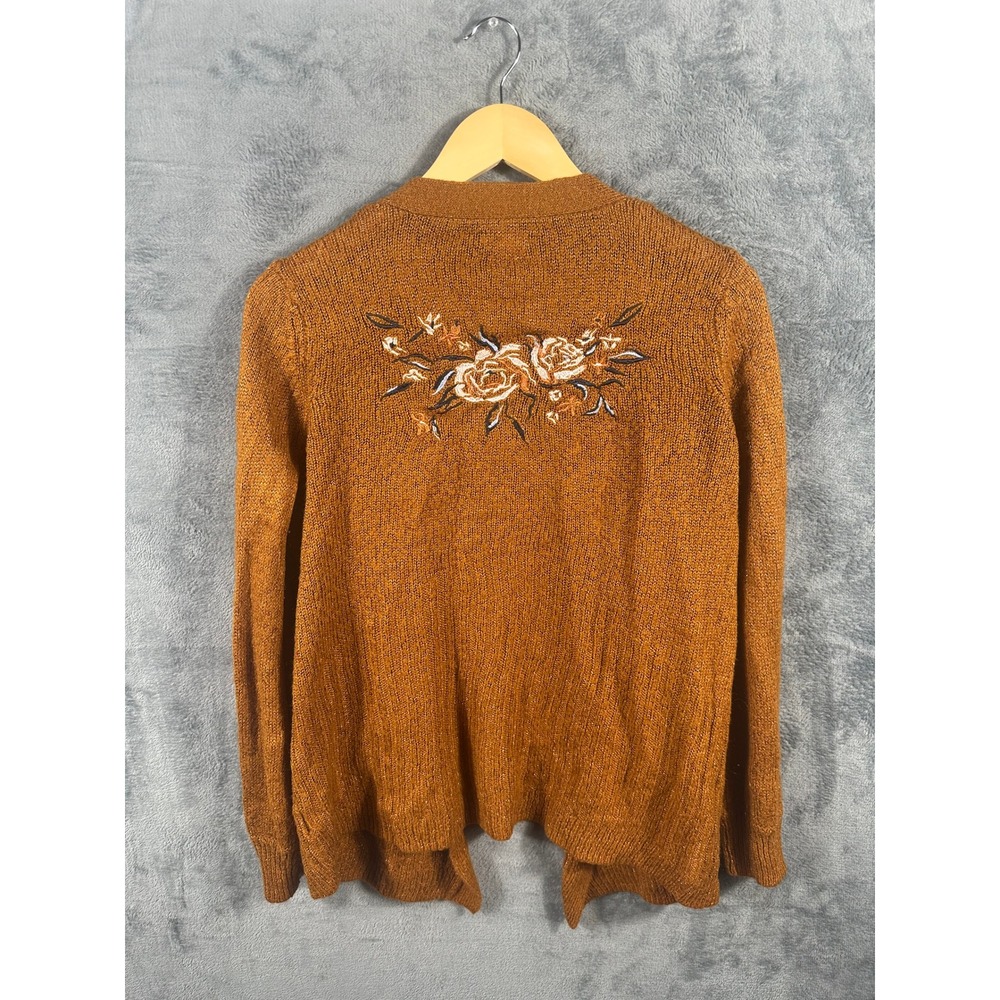 Mudd Embroidered Rose Cardigan L Rust Open Front Sparkle Knit Boho Fall Sweater